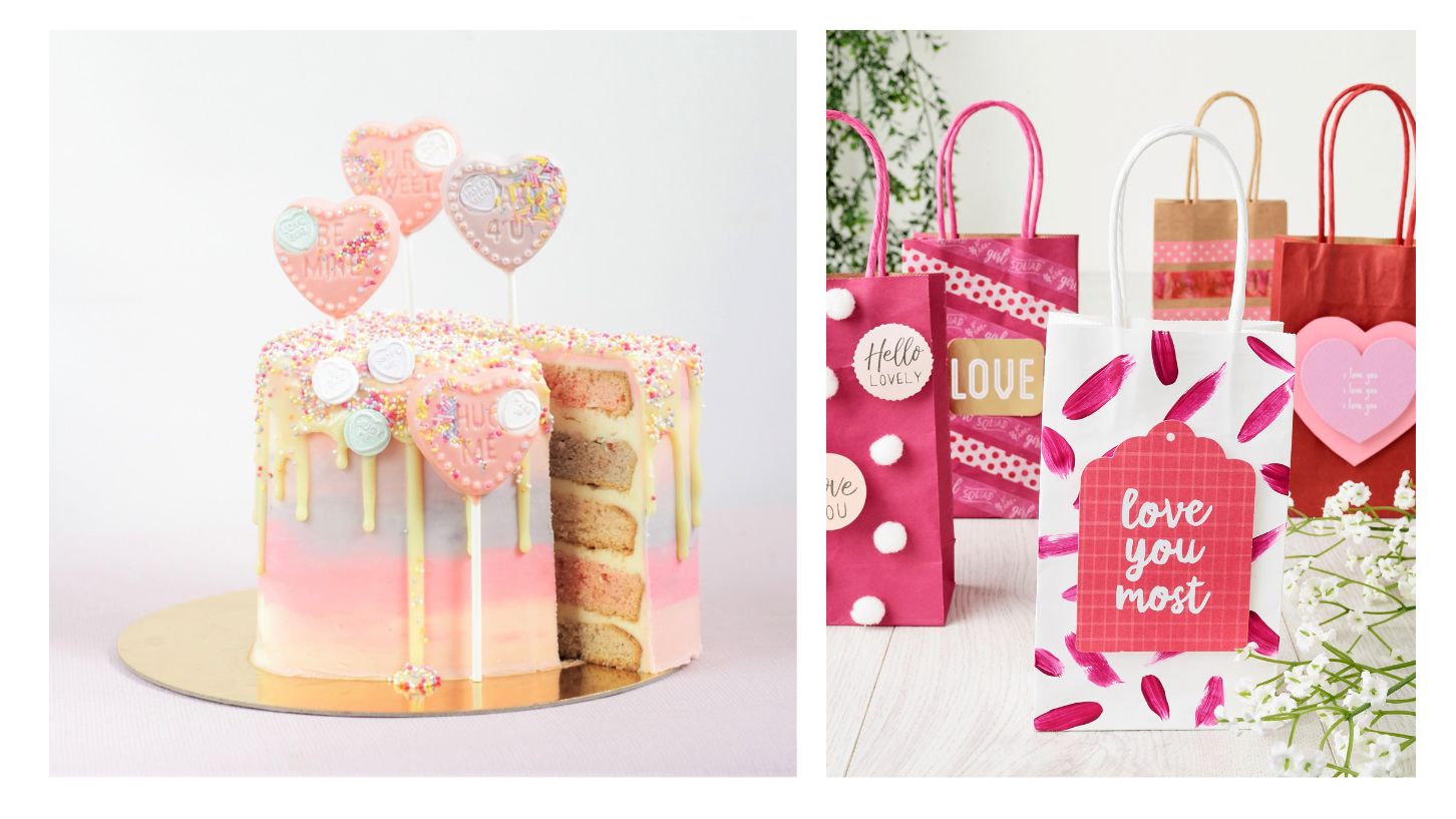 Layered decorated cake and patterned labelled gift bags