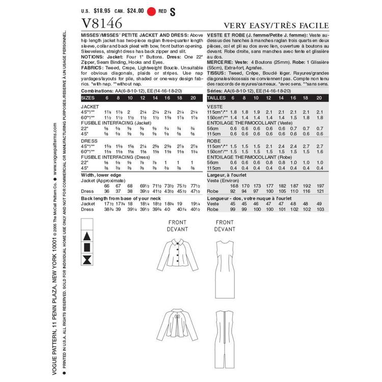 Vogue Pattern V8146 Misses' Petite Jacket & Dress
