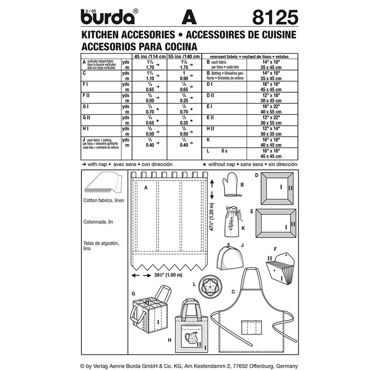 Burda Pattern 8125 Kitchen Accessories All Sizes