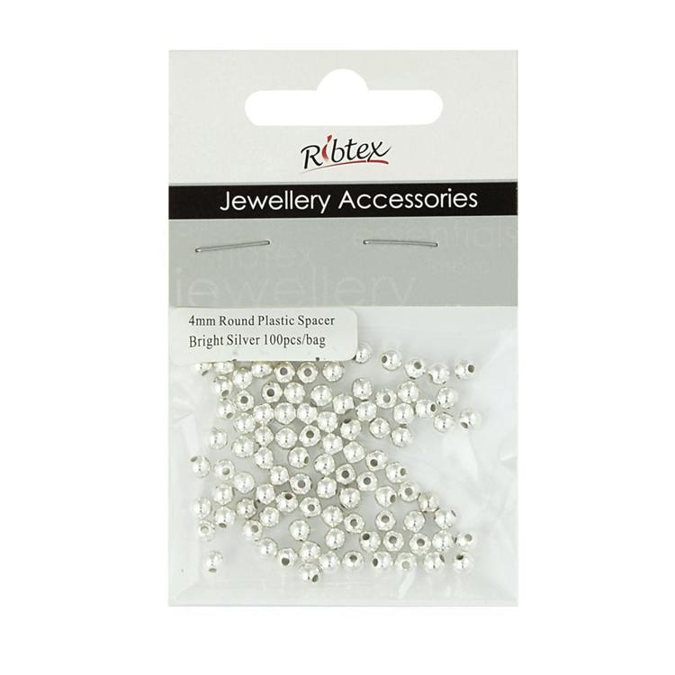 Ribtex Jewellery Accessories Round Plastic Spacer 100 Pack Bright Silver 4 mm