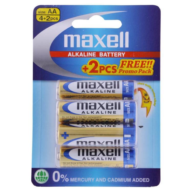 Maxell Premium Alkaline Battery AA 4 Pack + Bonus 2 Pack