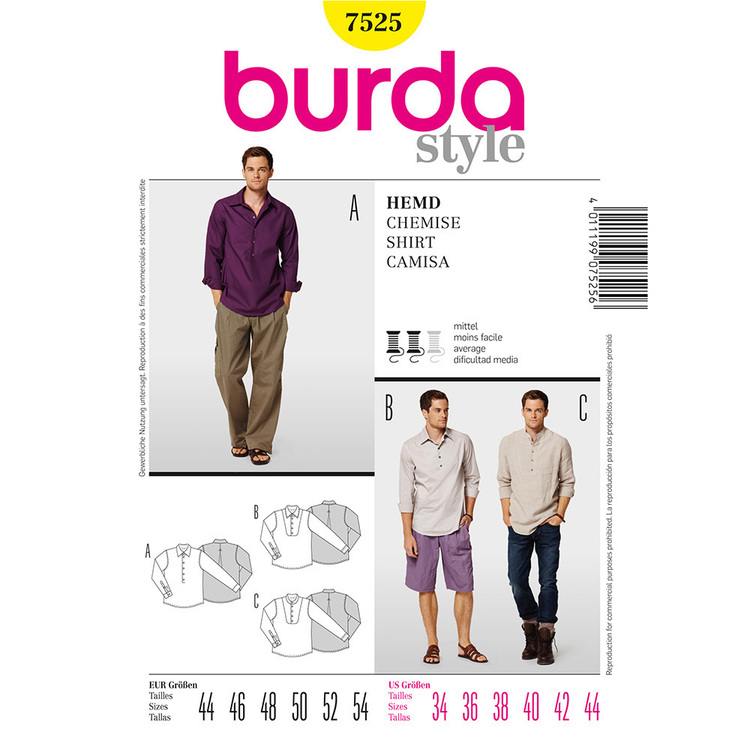 Burda Pattern 7525 Men's Shirt  34 - 44