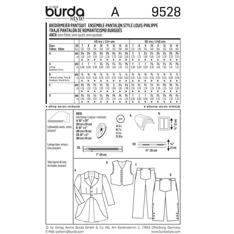 Burda Pattern 9528 Kid's Biedermeier Pantsuit  7 - 14