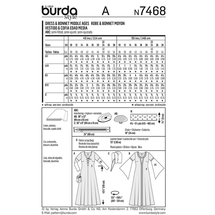 Burda Pattern 7468 Middle Age Dress And Bonnet Costume  10 - 28
