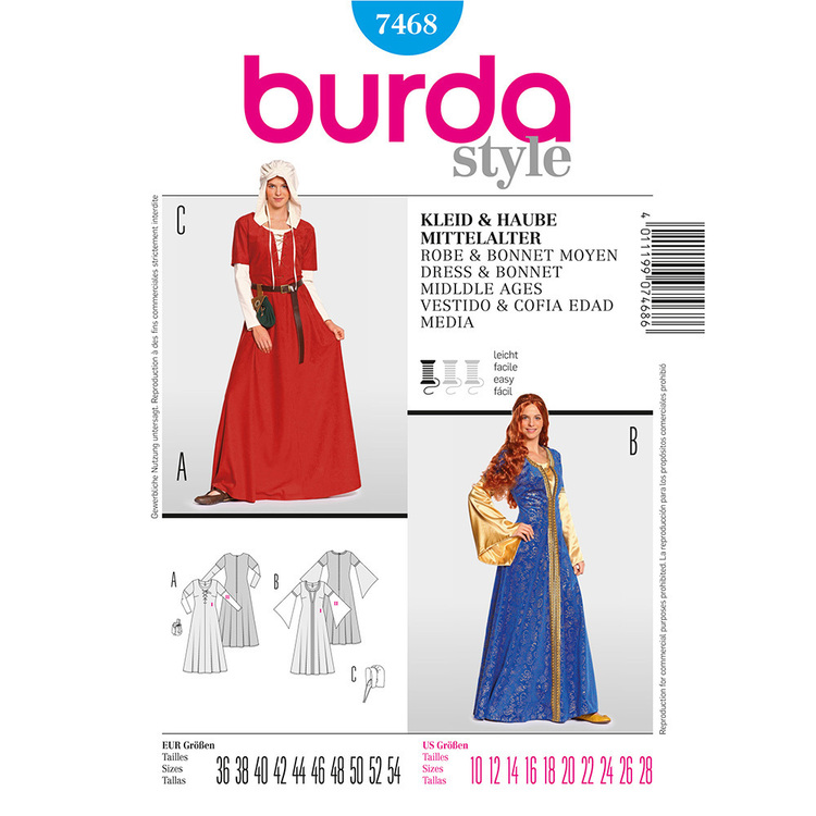 Burda Pattern 7468 Middle Age Dress And Bonnet Costume  10 - 28