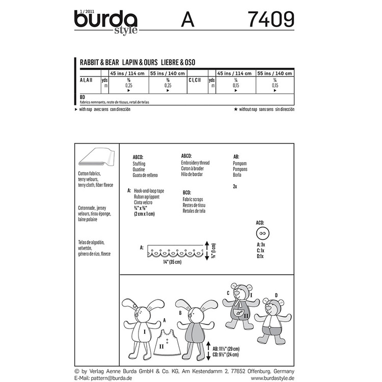 Burda Pattern 7409 Children's Toy Rabbit And Bear All Sizes