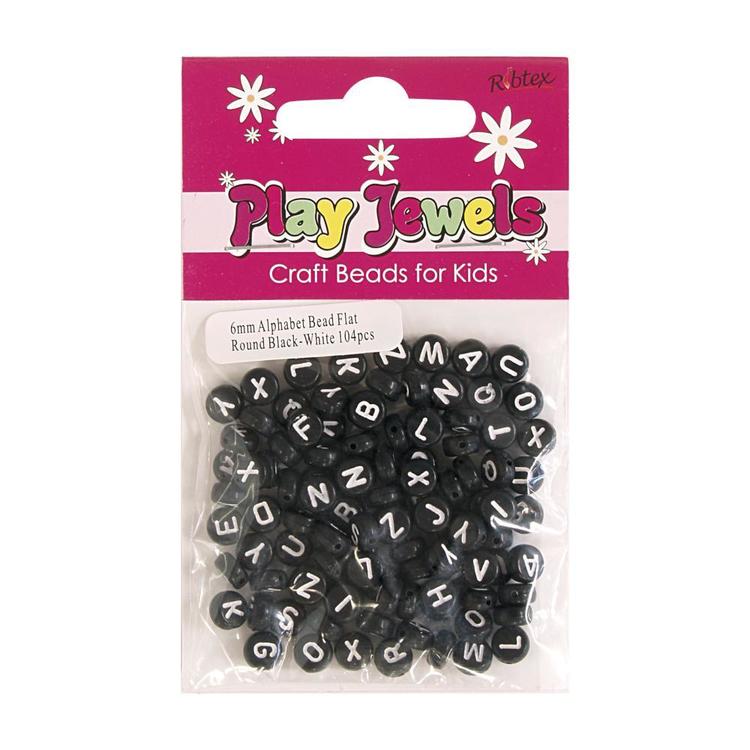 Ribtex Play Jewels Alphabet Flat Round Beads 104 Pack Black & White 6 mm