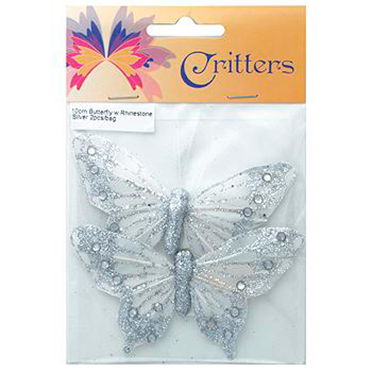 Critters Butterfly With Rhinestone Silver 10 cm