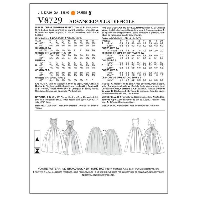 Vogue Pattern V8729 Misses' Dress & Underskirt
