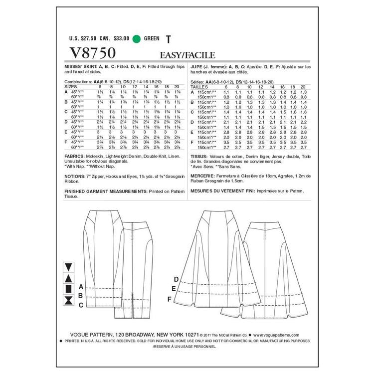 Vogue Pattern V8750 Misses' Skirt