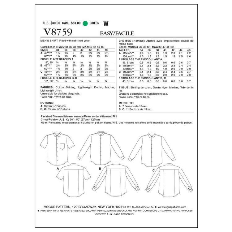 Vogue Sewing Pattern V8759 Men's Shirt White