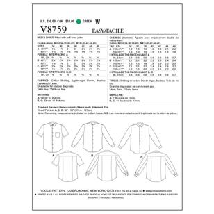 Vogue Pattern V8759 Men's Shirt 40 - 46