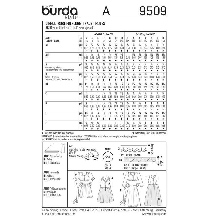 Burda Pattern 9509 Kid's Dirndl Dress  4 - 10