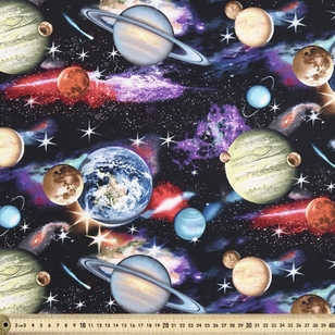 In Space Planets Printed Cotton Fabric Black 112 cm