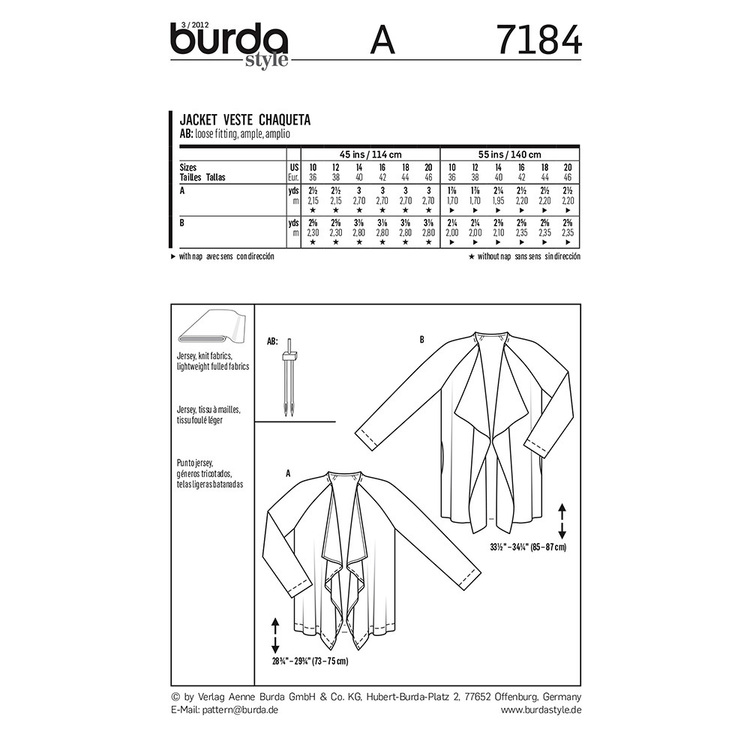 Burda Pattern 7184 Women's Jacket  10 - 20