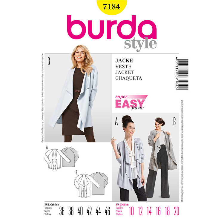 Burda Pattern 7184 Women's Jacket  10 - 20