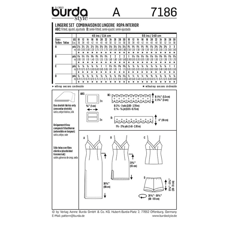 Burda Pattern 7186 Women's Lingerie  10 - 30