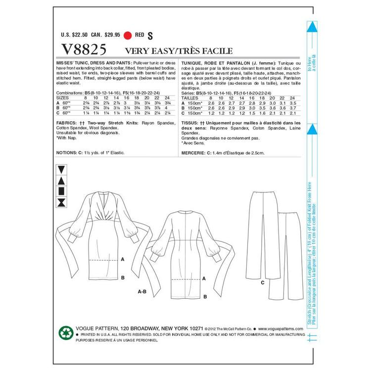 Vogue Pattern V8825 Misses' Tunic Dress & Pants 8 - 16