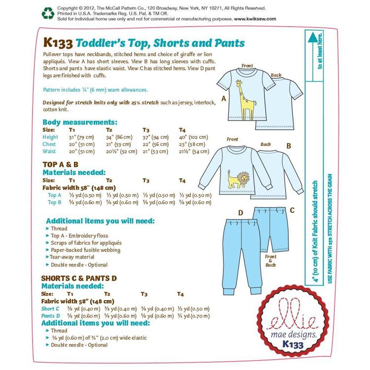 Kwik Sew Pattern K0133 Toddlers' Top Shorts & Pants