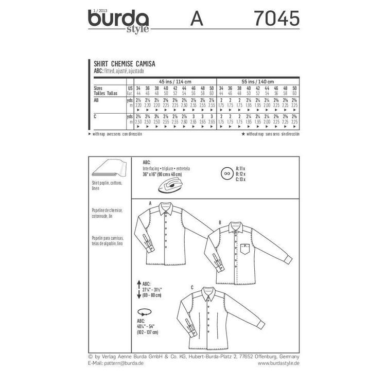 Burda Pattern 7045 Men's Shirt  34 - 50
