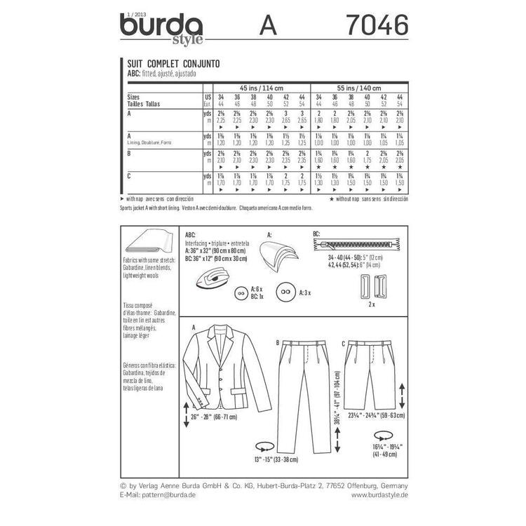 Burda Pattern 7046 Men's Suit  34 - 44
