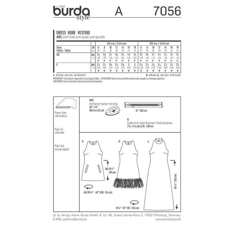 Burda Pattern 7056 Women's Dress  6 - 18