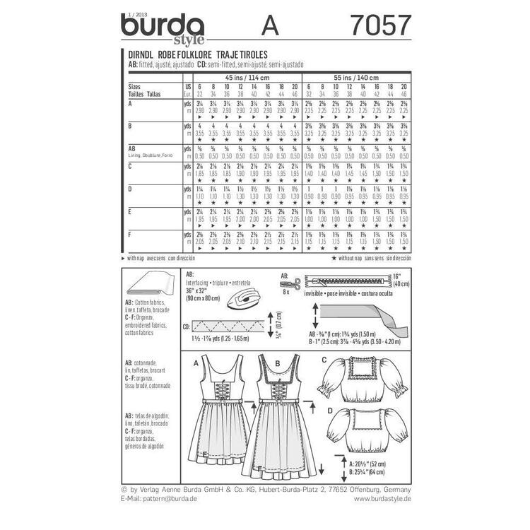 Burda Pattern 7057 Women's Folklore Costume  6 - 20