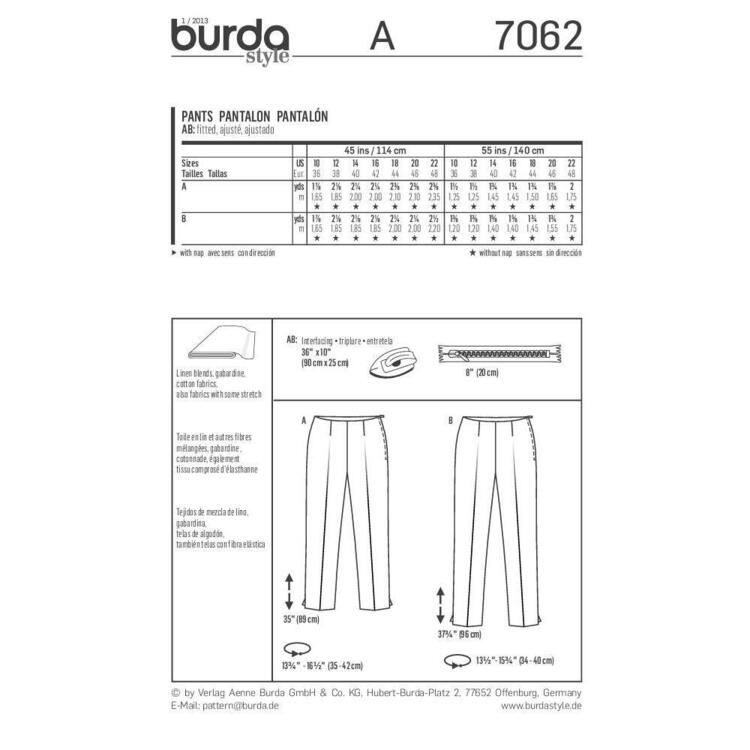 Burda Pattern 7062 Women's Pants  10 - 22