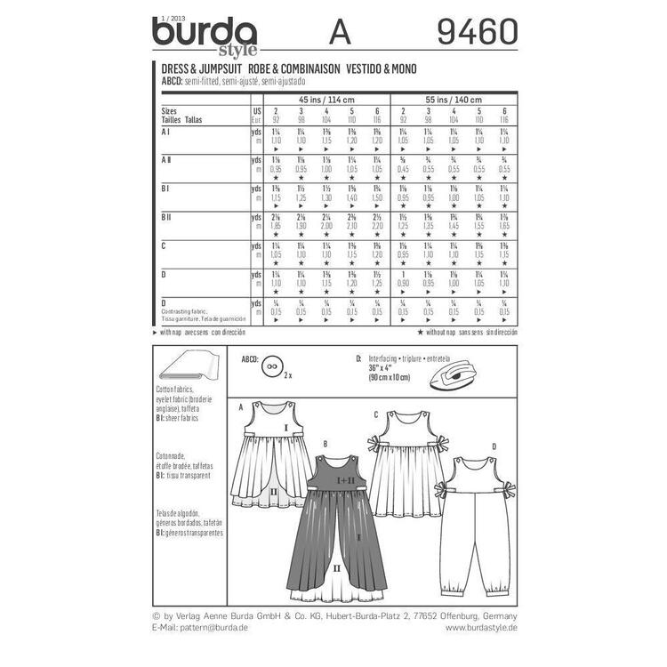 Burda Pattern 9460 Girl's Dress & Jumpsuit  2 - 6