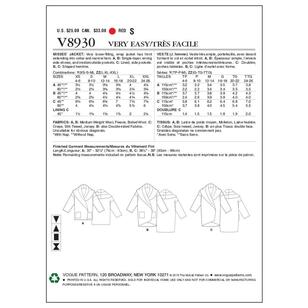 Vogue Pattern V8930 Misses' Jacket