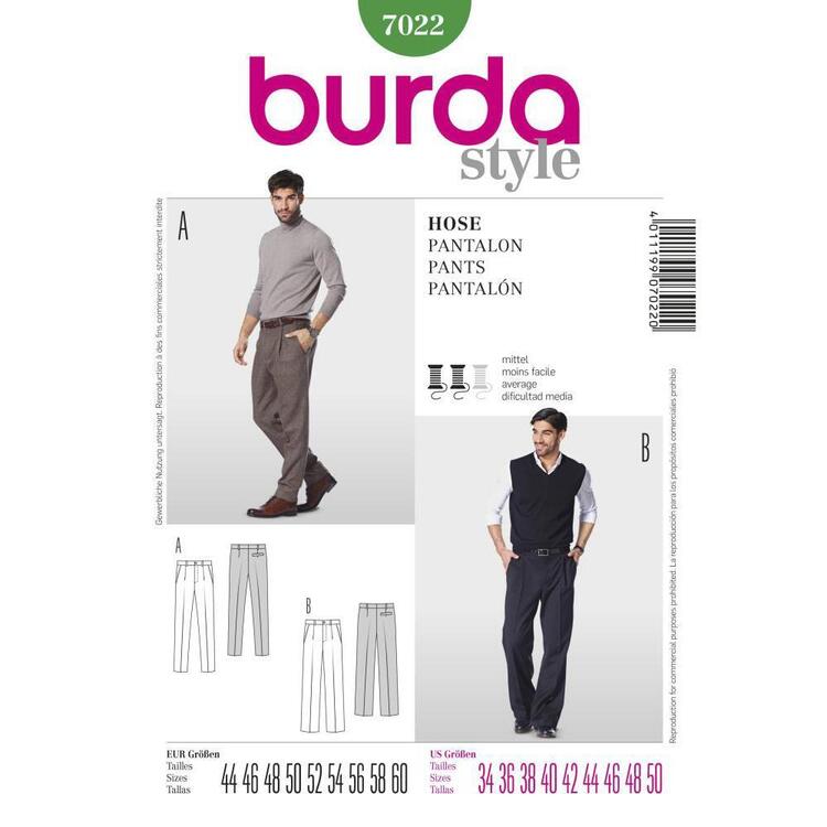 Burda Pattern 7022 Men's Pants  34 - 50