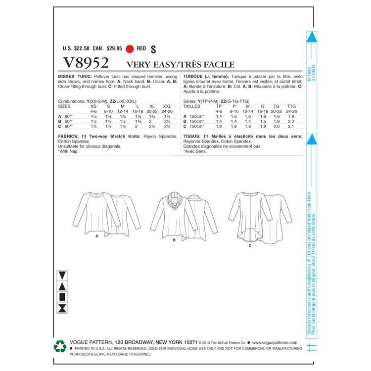 Vogue Pattern V8952 Misses' Tunic