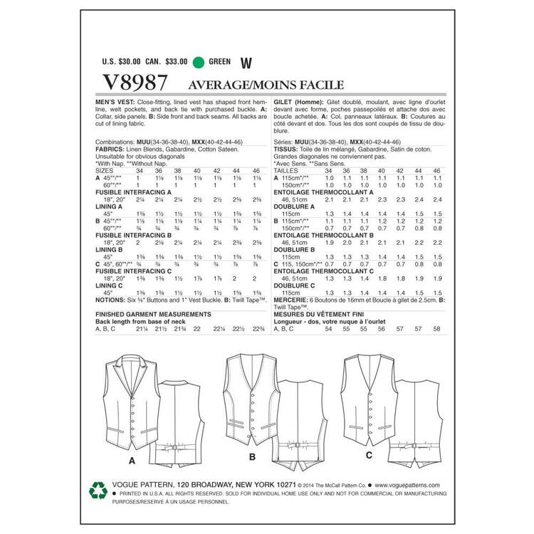 Vogue Pattern V8987 Men's Vest