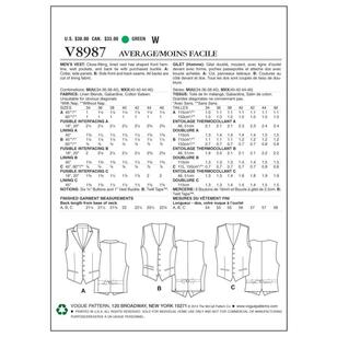 V1947 Pattern Vogue V8987 Men's Collared or Collarless Vest Pattern | Spotlight Australia