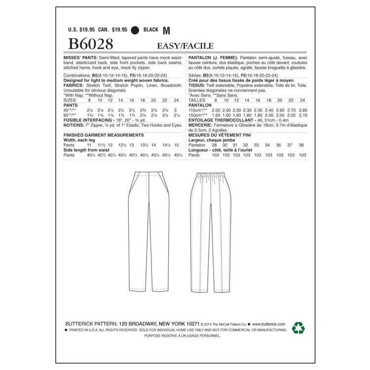 Butterick Sewing Pattern B6028 Misses' Pants White