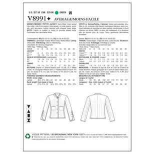 Vogue Pattern V8991 Misses' Petite Jacket