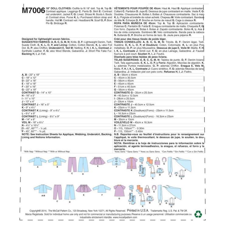 McCall's Pattern M7006 Clothes For 18'' Doll One Size