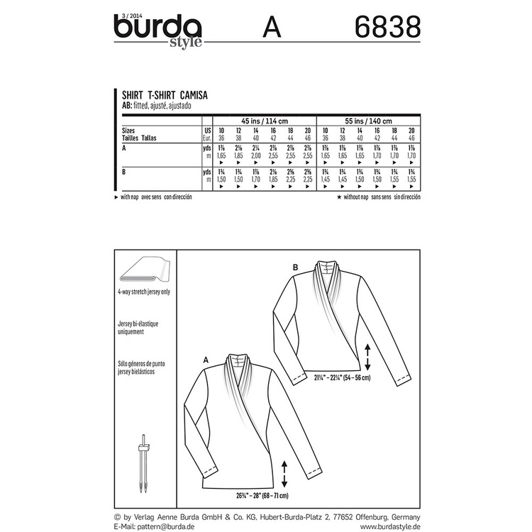 Burda Pattern 6838 Women's Blouse  10 - 20
