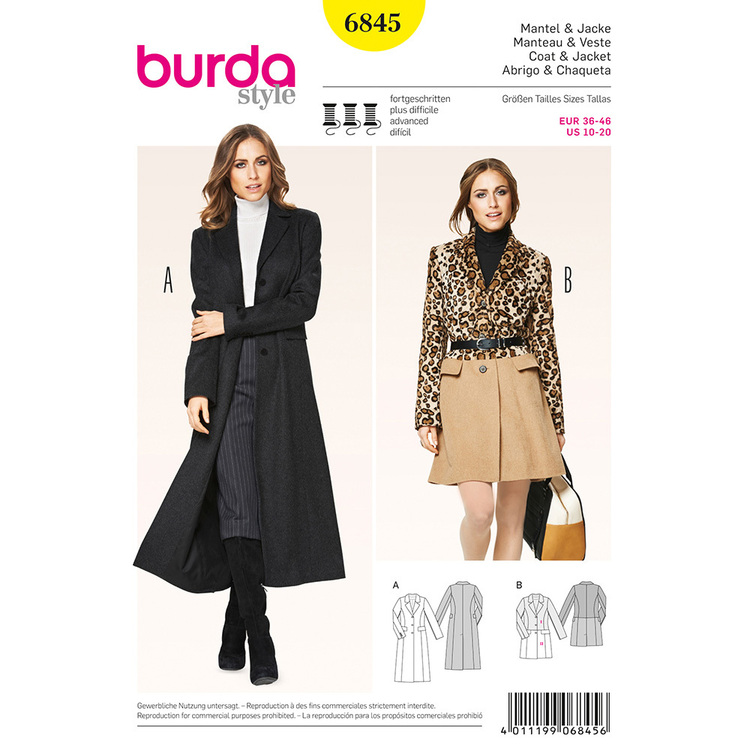 Burda Pattern 6845 Women's Coat  10 - 20