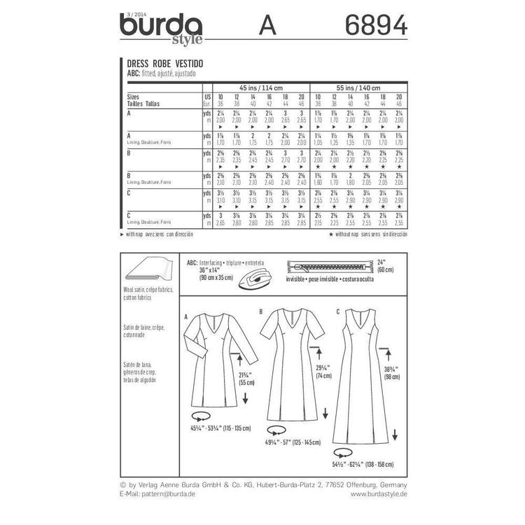 Burda Pattern 6894 Women's Dress  10 - 20