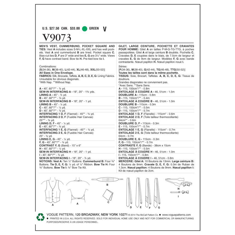 Vogue Pattern V9073 Men's Vest Cummerbund Pocket Square & Ties