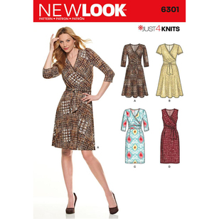New Look Sewing Pattern 6301 Misses' Mock Wrap Knit Dress White 8 - 20
