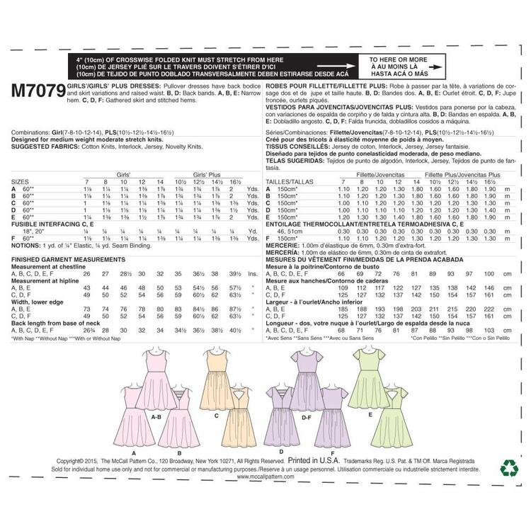 McCall's Pattern M7079 Girls' Plus Dresses