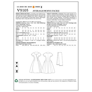 Vogue Pattern V9105 Misses' Dress & Sash