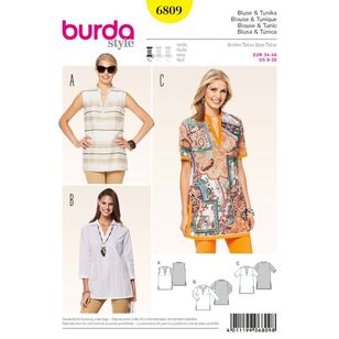 Burda 6809 Women's Tops, Shirts, Blouses Pattern White 8 - 20