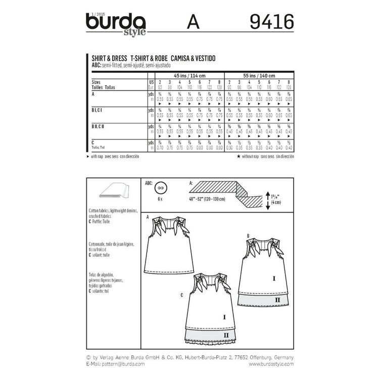 Burda 9416 Toddlers Shirt and Dress Pattern White 2 - 8 Years