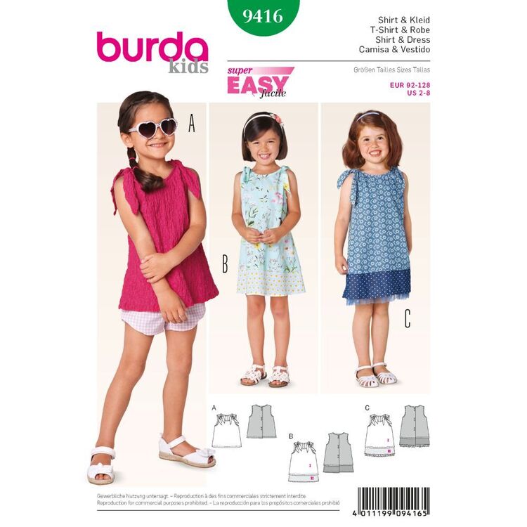 Burda 9416 Toddlers Shirt and Dress Pattern White 2 - 8 Years