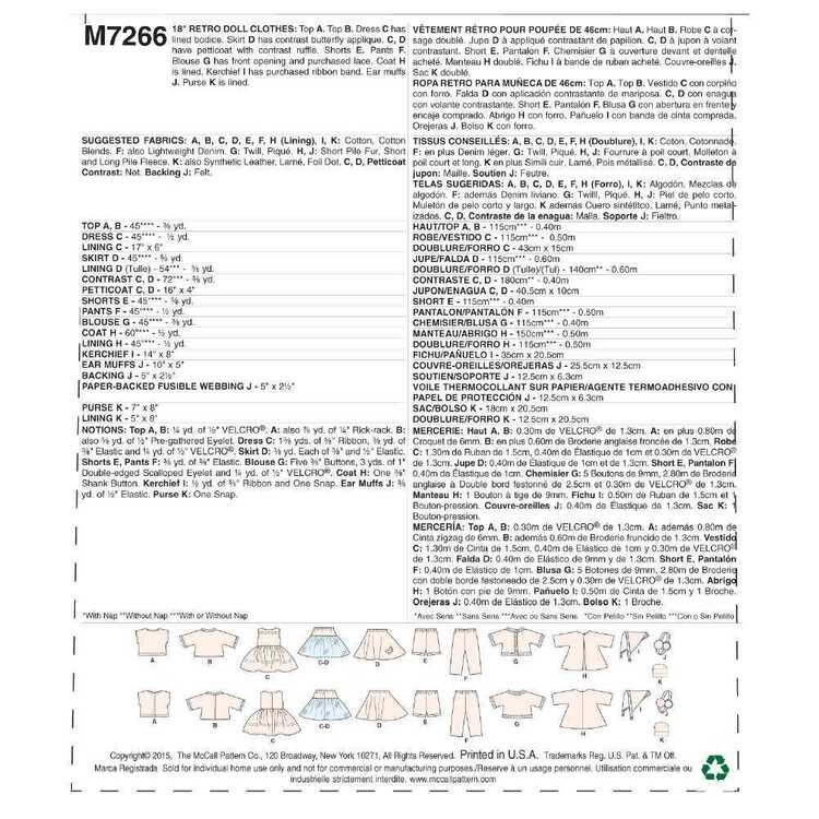 McCall's Sewing Pattern M7266 18 Retro Doll Clothes White