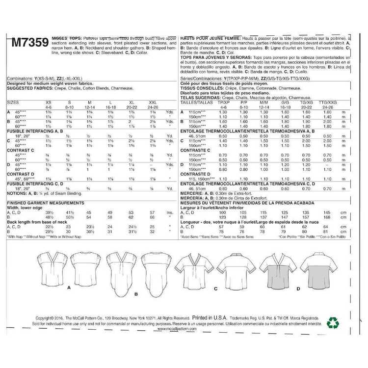 McCall's Pattern M7359 Misses' V-Neck Dolman Sleeve Tops