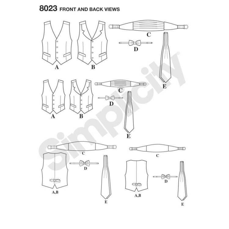 Simplicity Pattern 8023 Boys' & Men's Vest, Bow Tie, Cummerbund & Ascot X Small - X Large